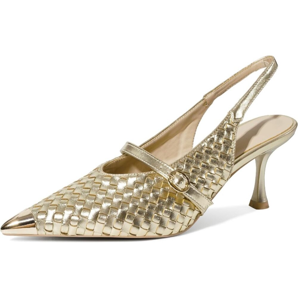 Women's Gold Stiletto Closed Pointed Toe Buckle Strap Elegant Stylish Pumps